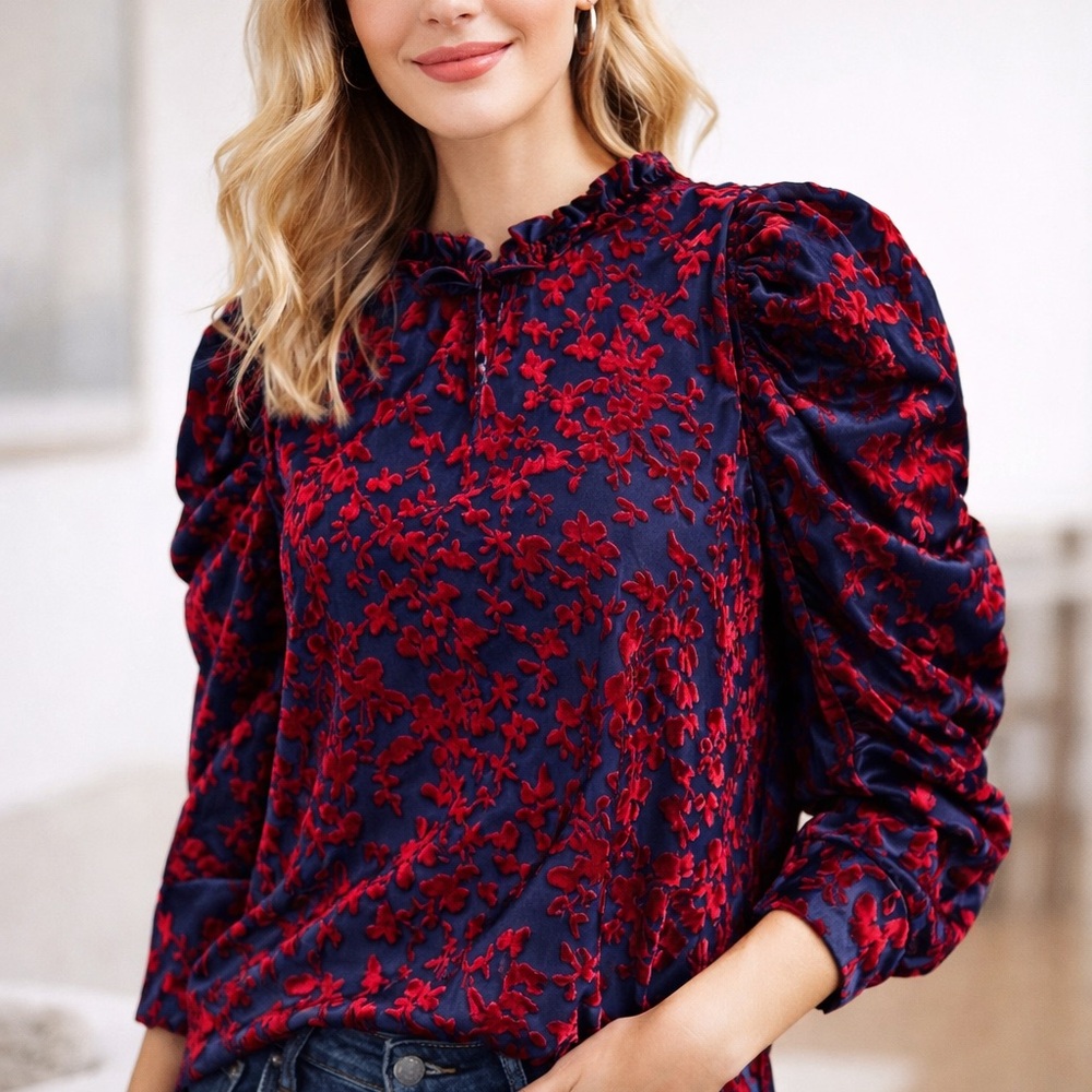 THML Navy Blue Red Velvet Burnout Floral Puff Sleeve Blouse Size M Boutique